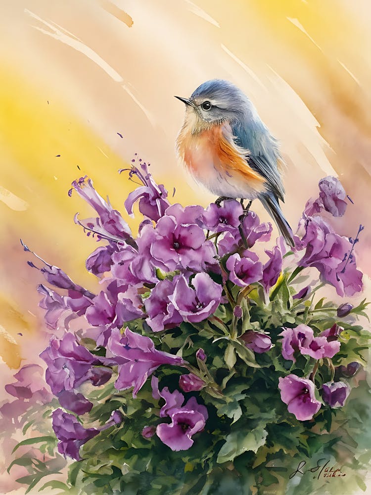 Bluebird On Purple Flowers