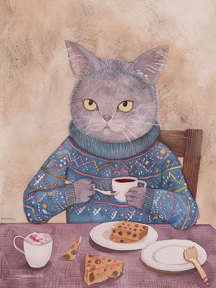Grey Cat Having Breakfast Folk Illustration 7