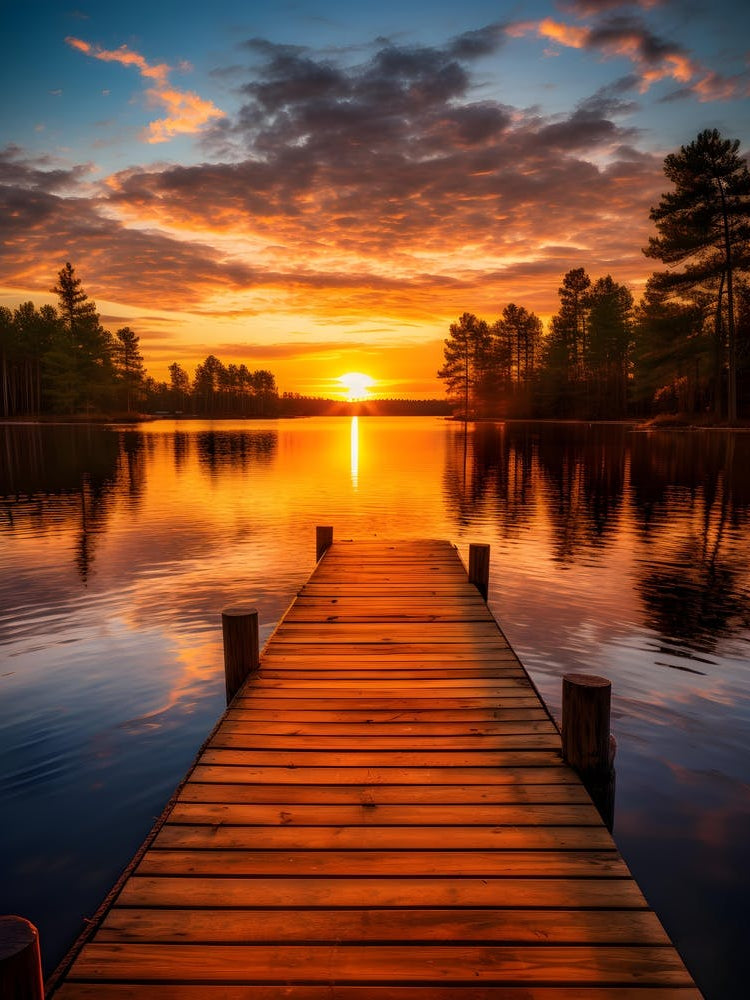 Wooden Lake Path in the Sunset