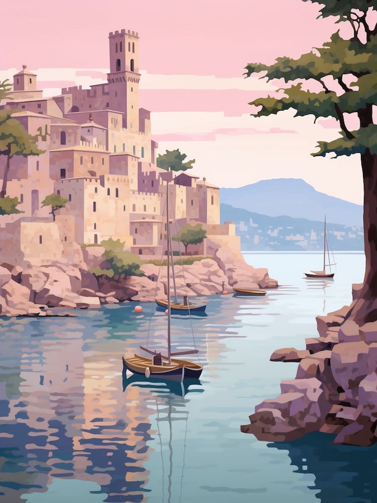 Korcula Croatia 4 Vintage Pink Travel Illustration