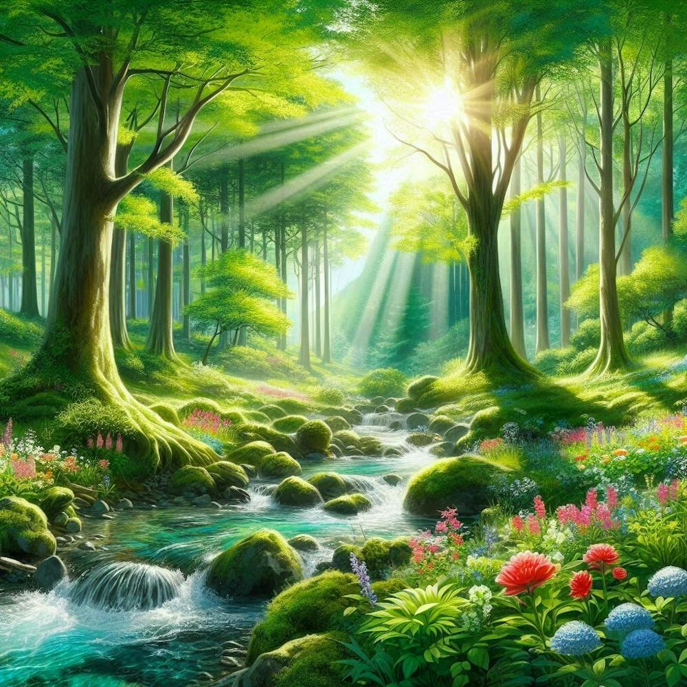 Forest lake with flowers