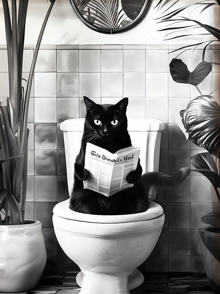 Black And White Bathroom Cat Print, Funny Posters, Bathroom Wall Decor, Toilet Wall Art, Funny Cat Poster, Bathroom Wall Art, Toilet Poster