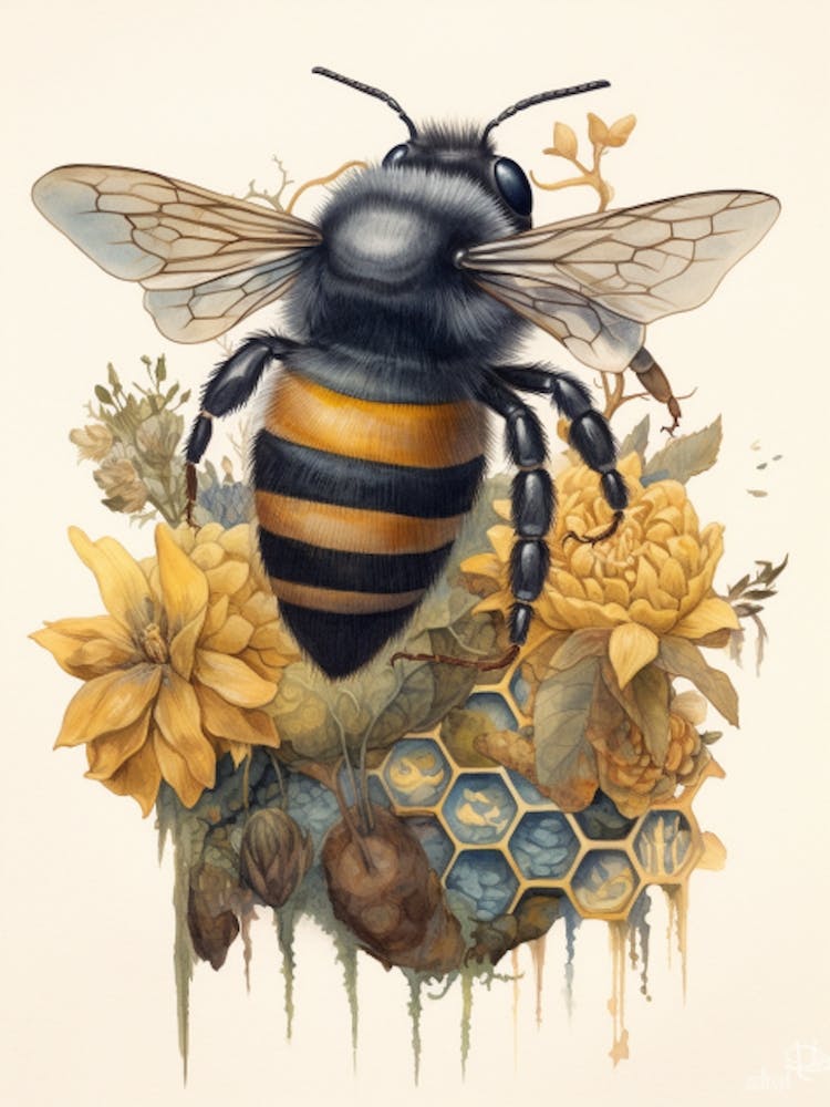 Large Carpenter Bee Beehive Watercolour Illustration 4