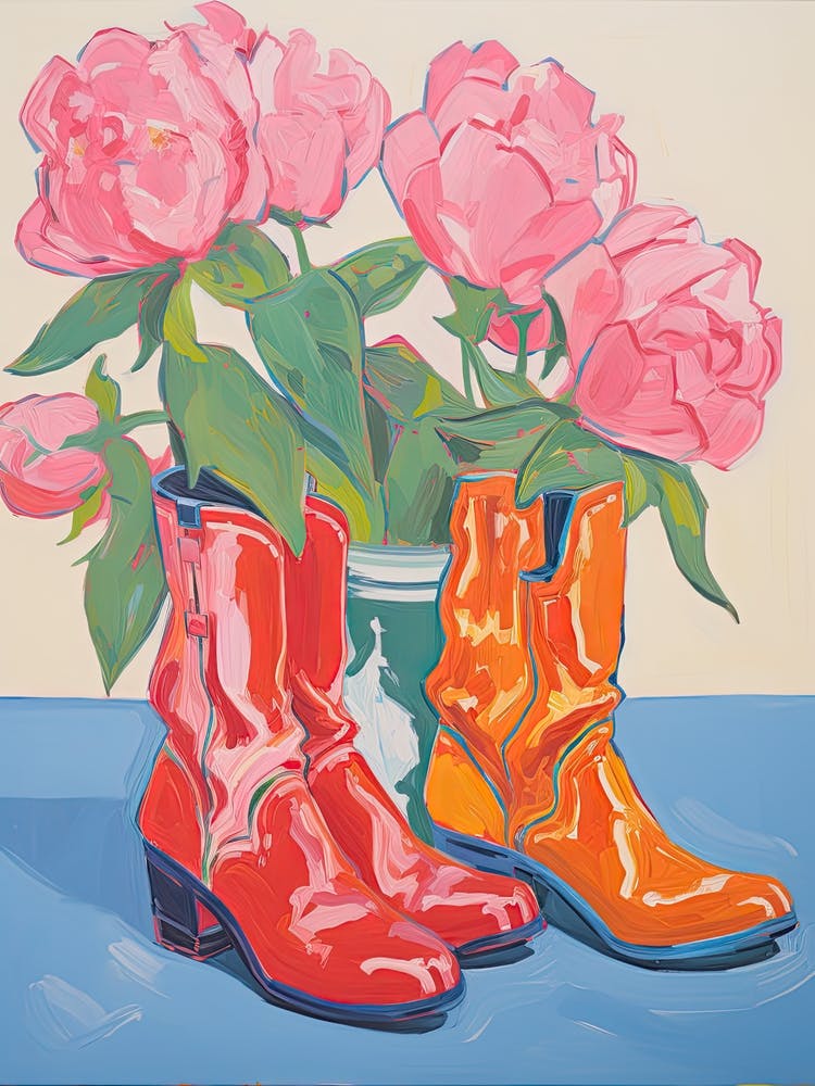 A Painting Of Cowboy Boots With Pink Flowers, Fauvist Style, Still Life 3