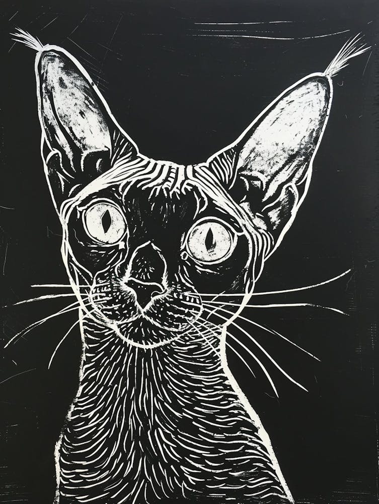 Cornish Rex Cat Linocut Blockprint 3