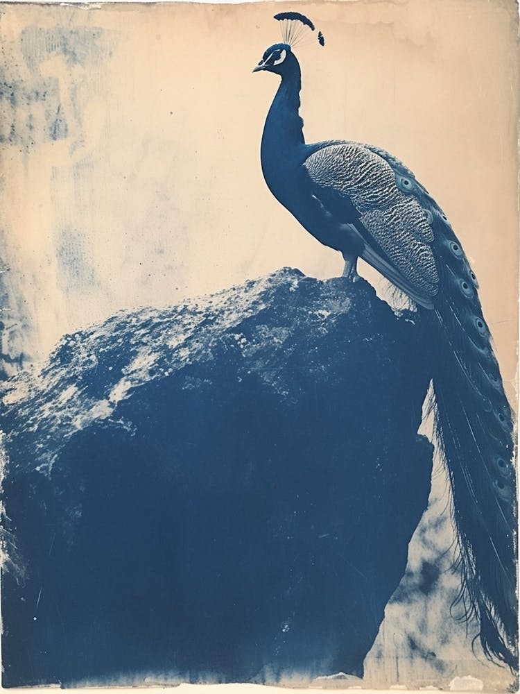 Navy Blue Peacock Portrait Cyanotype Inspired 3