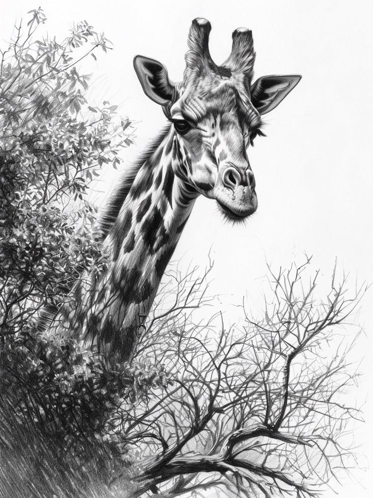 Giraffe With Their Head In The Branches Pencil Drawing 3