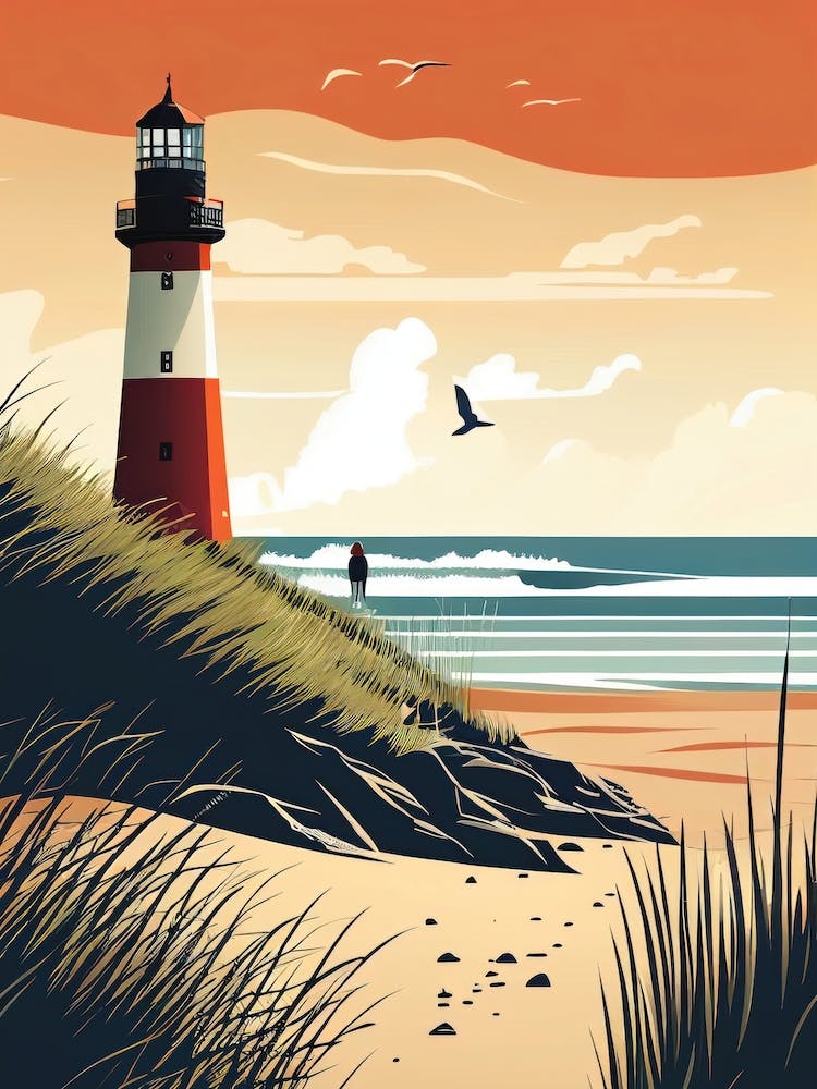 North Germany, Sunset And Lighthouse - Retro Landscape Beach and Coastal Theme Travel Poster