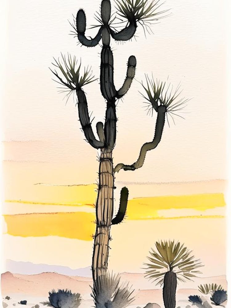 Joshua Bäume im Morgengrauen in der Wüste Minimalistische Aquarellmalerei (1)