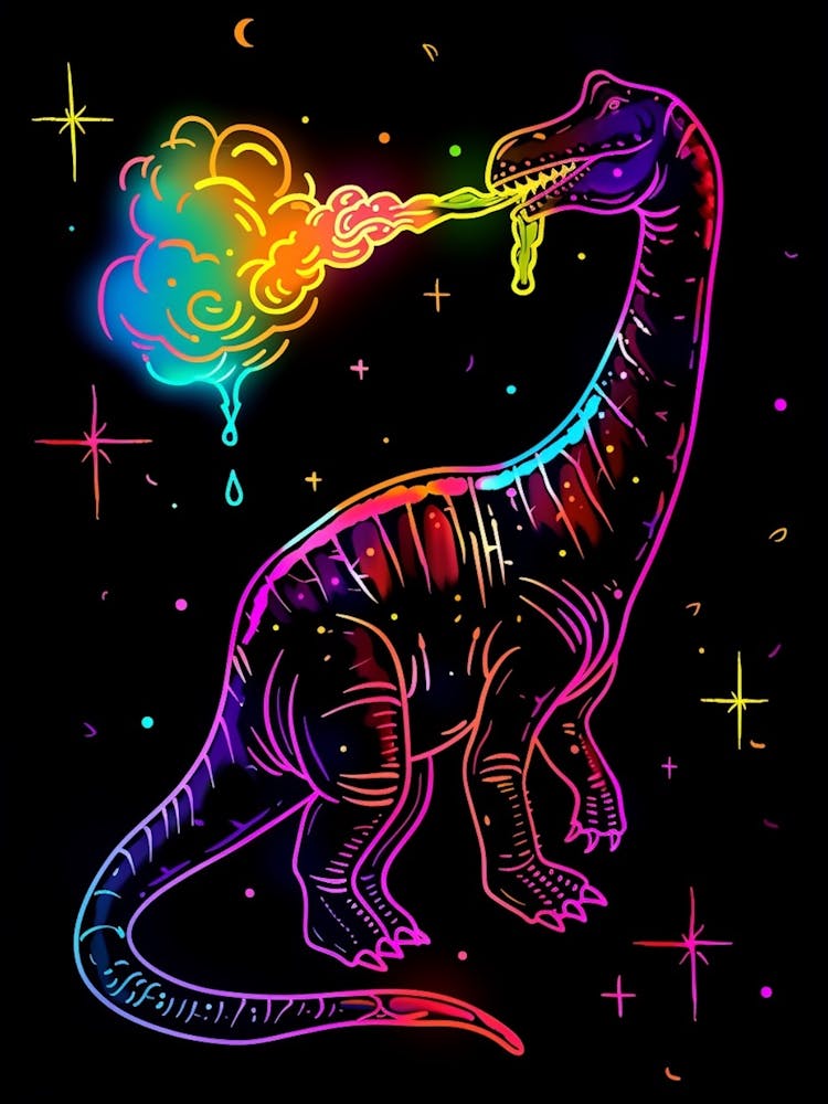 Neon Dinosaur Breathing Rainbow Fire
