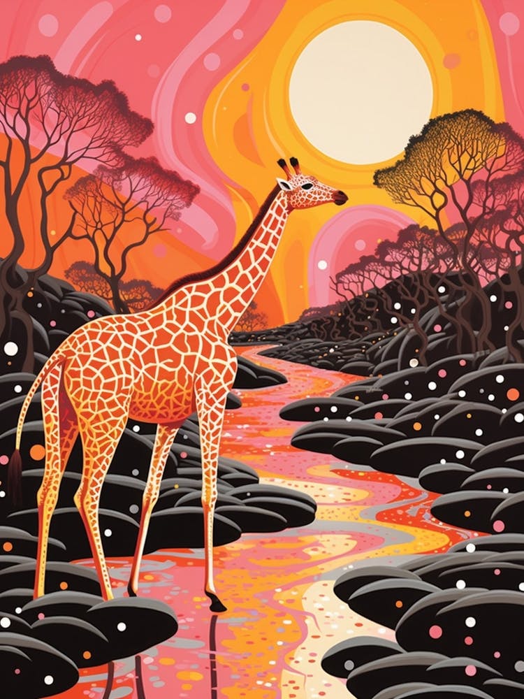 Giraffe In The River At Sunrise 4
