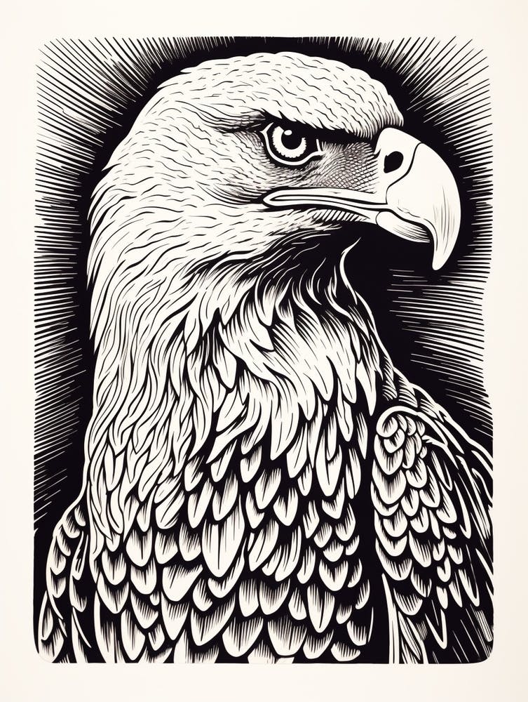 Linogravure d'oiseau N&B Bald Eagle 4