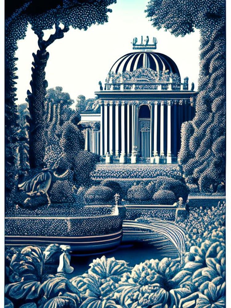 Gärten des Königspalastes von Caserta, Italien Linolschnitt Schwarz-Weiß Vintage