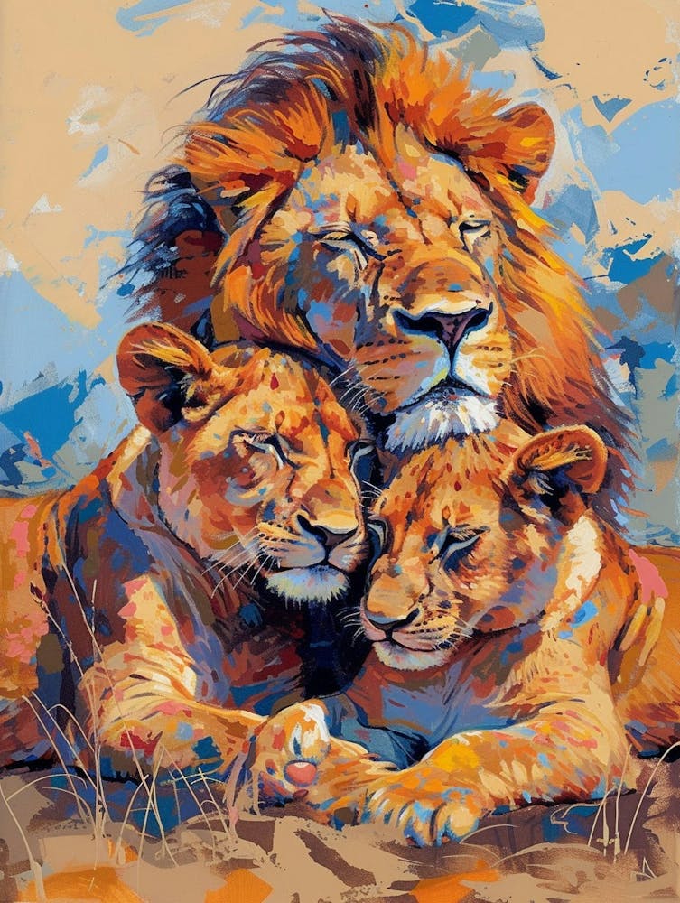 Masai Lion Family Bonding Fauvist Painting 4