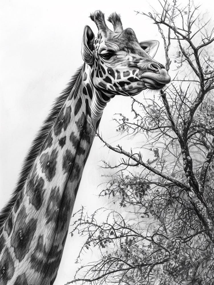 Giraffe With Head In The Branches Pencil Drawing 6