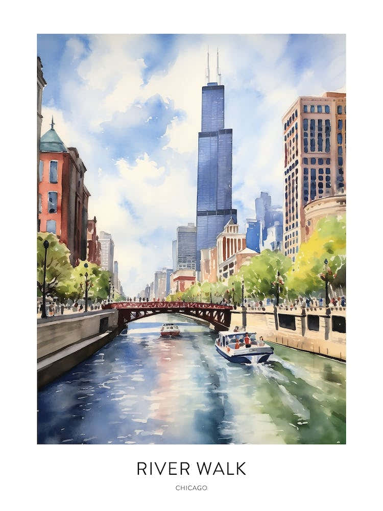 River Walk Chicago Watercolour Travel Poster