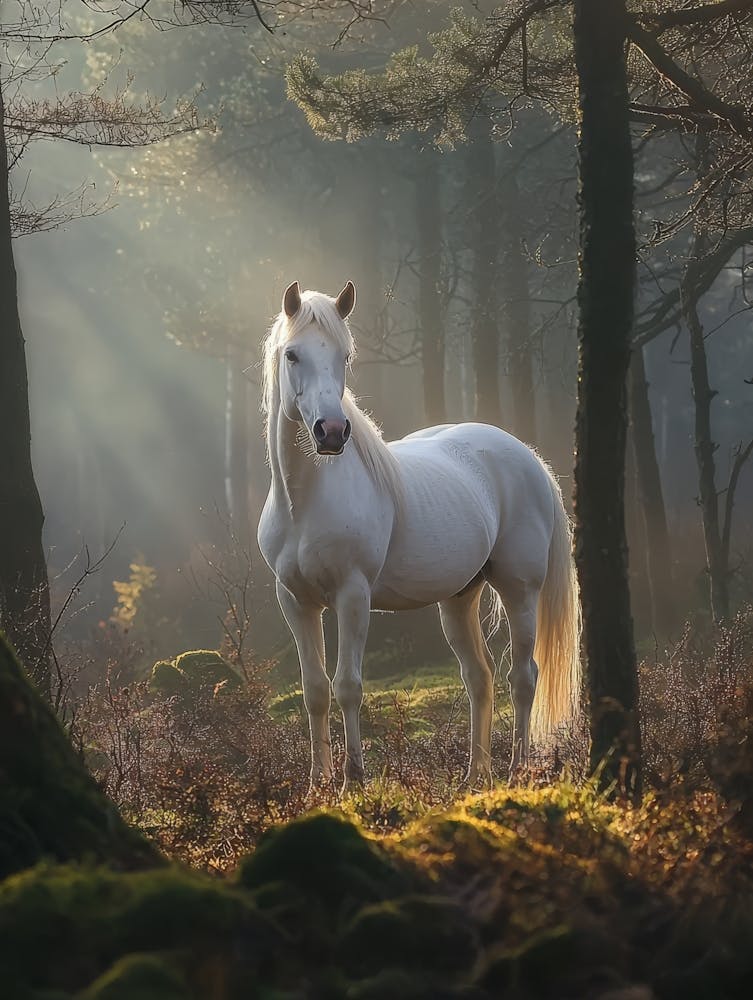 Cheval Blanc Dans La Forêt. Généré par IA. 2