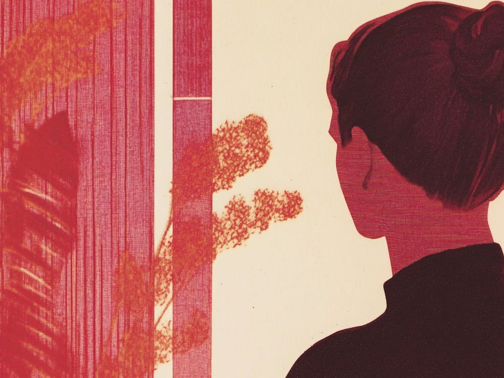 Woman Looking Out A Window Red Collage