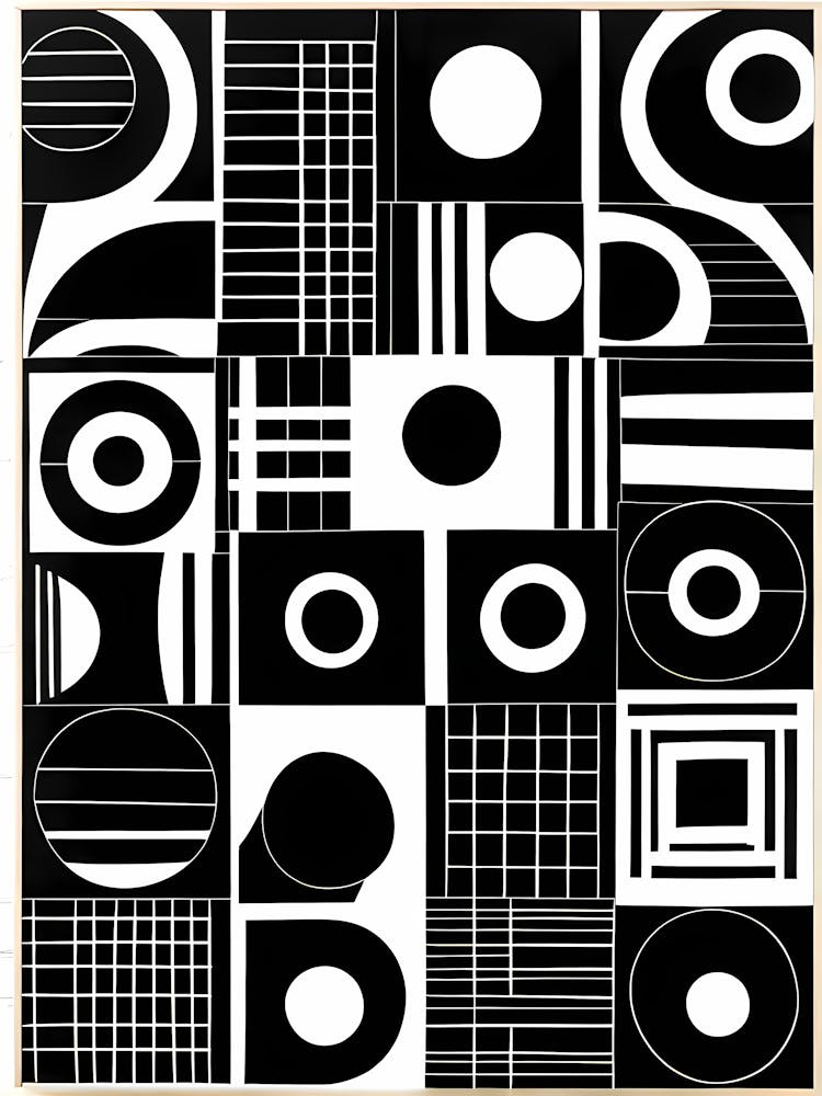 Mid Century Inspired Linocut, Black And White Colors Minimal, 101