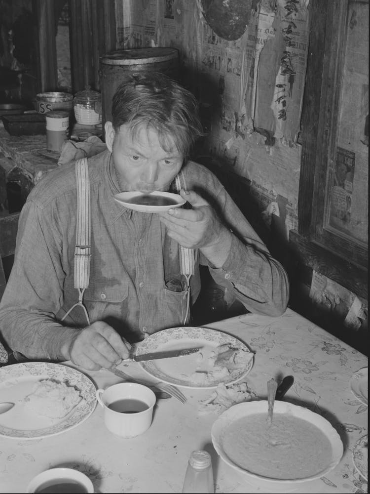 Tenant Farmer Drinking Coffee At Noonday Meal, Near Muskogee, Oklahoma, See General Caption Number