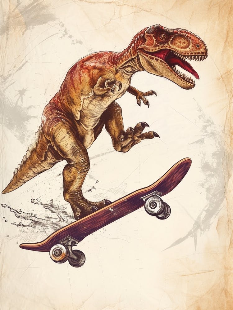 Vintage Protarchaeopteryx Dinosaur On A Skateboard  3