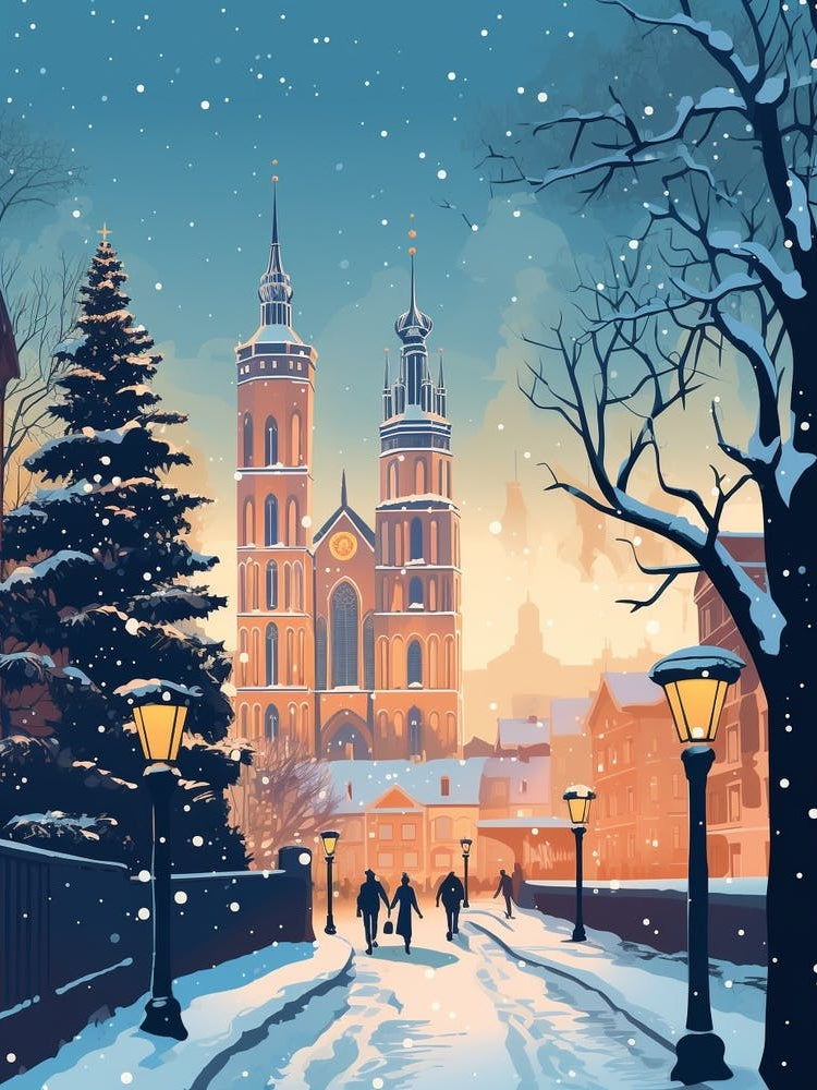 Winter Travel Night Illustration Krakow Poland 1
