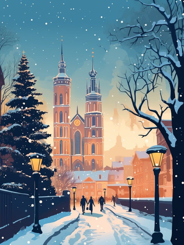 Winter Travel Night Illustration Krakow Poland 1