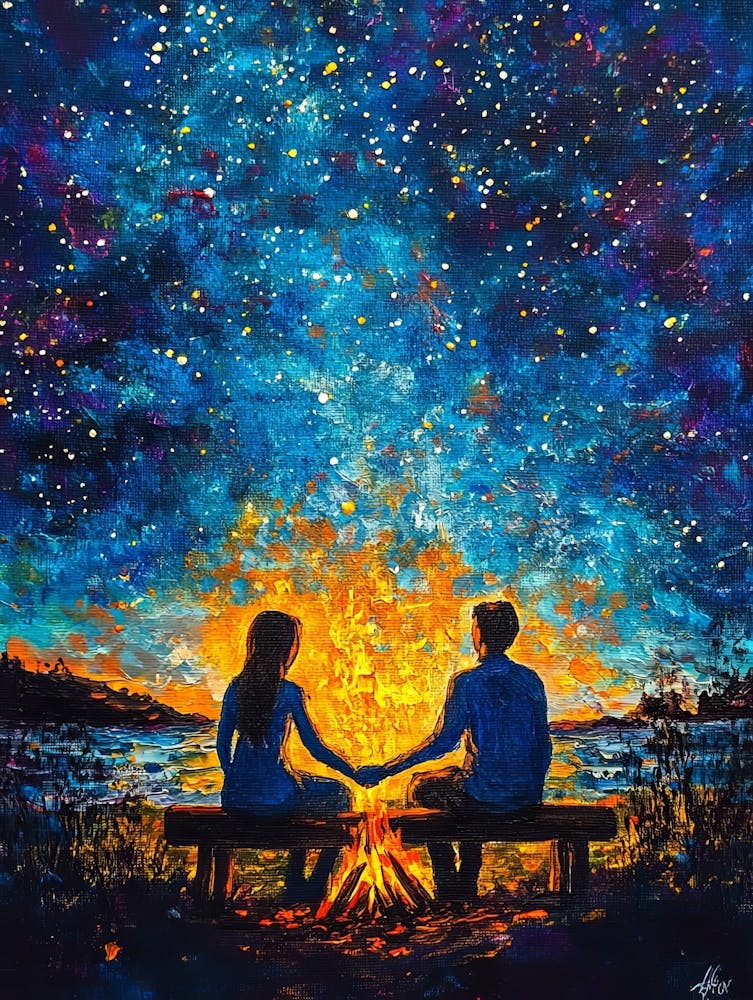 Jeune Couple Amoureux Se Tenant Les Mains Assis Sur Un Banc Près D'un Feu de Joie Sous Un Magnifique Ciel de Nuit Étoilé 1