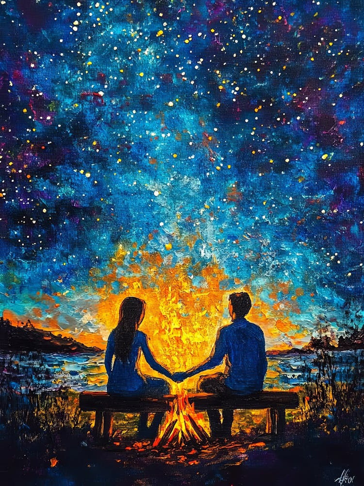 Young Couple In Love Holding Hands Sitting On Bench Near Bonfire Fire In Beautiful Night Starry Sky 1