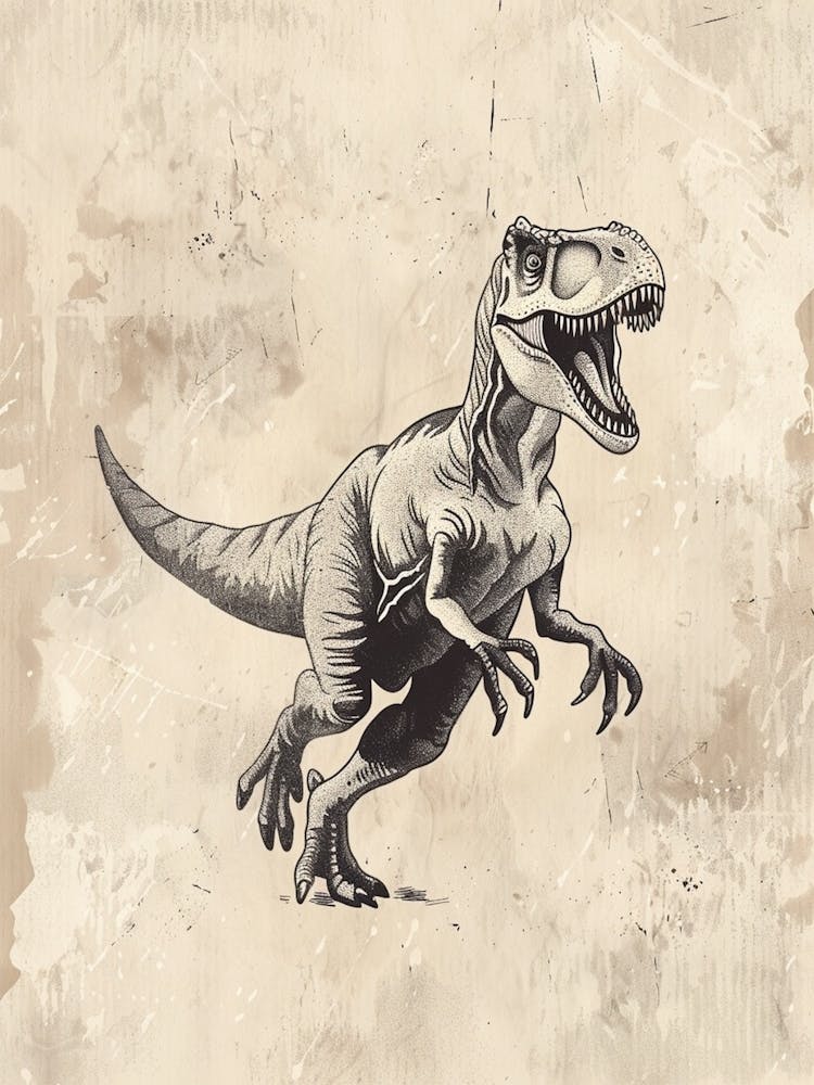 Allosaurus Dinosaur Black Ink & Sepia Illustration 1