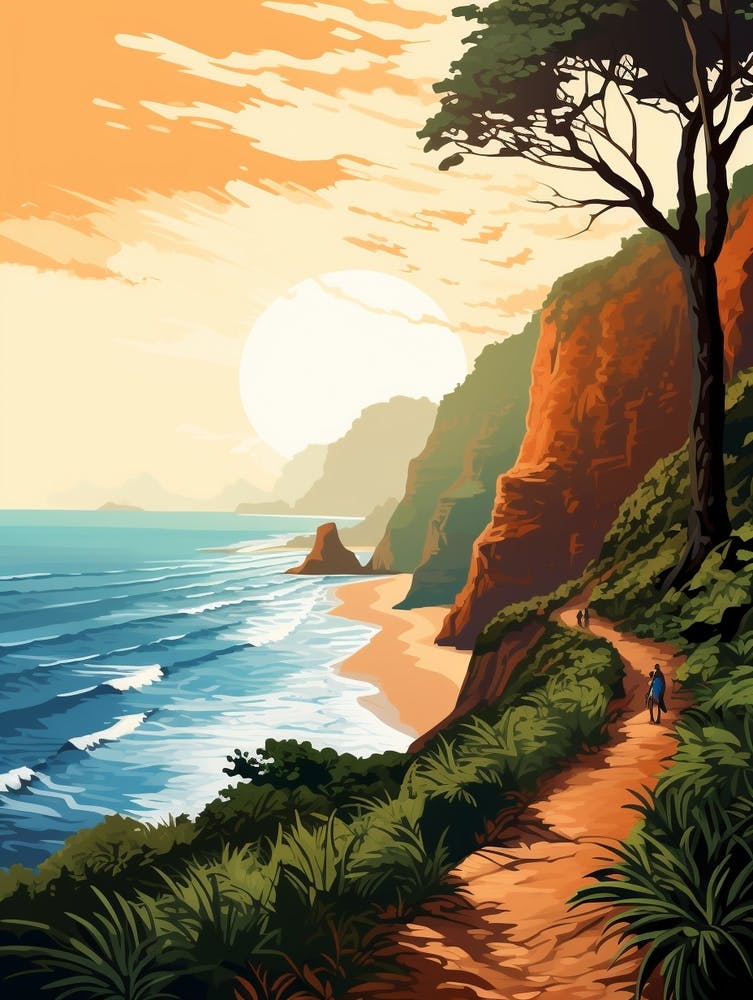 Kalalau Trail Hawaii 2 Vintage Travel Illustration
