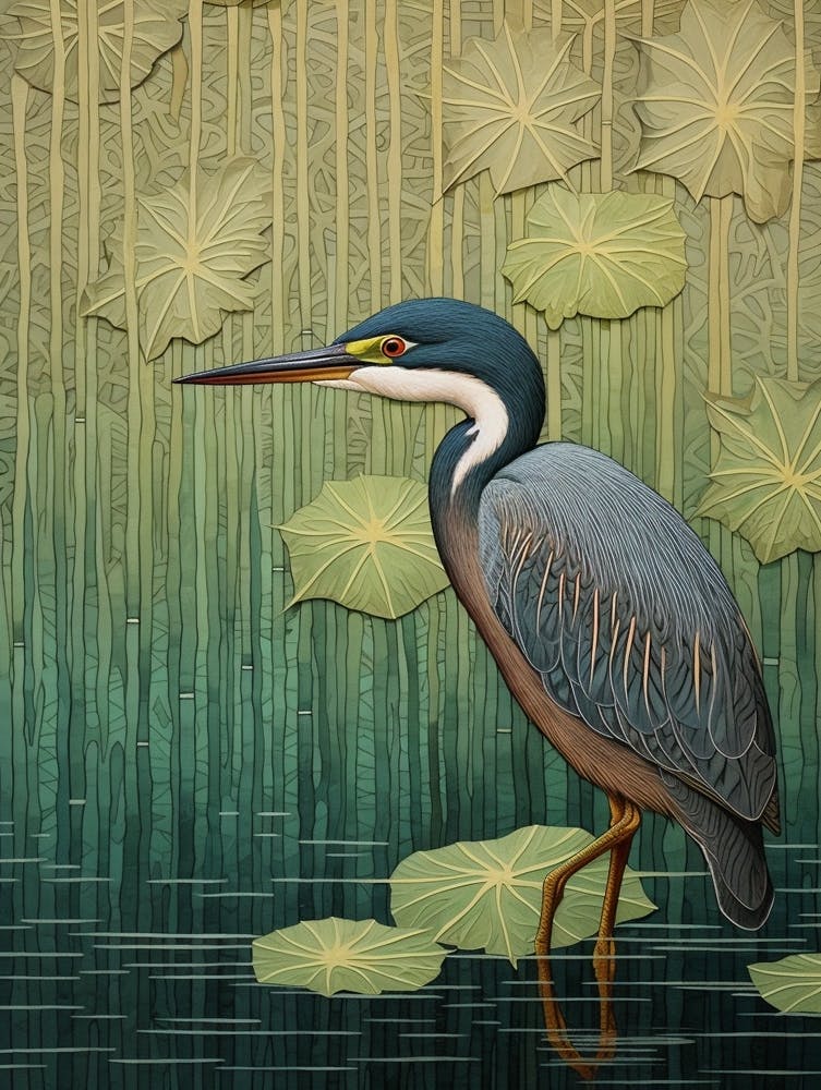 Peinture d'Oiseau Inspirée par Ohara Koson Héron Vert 3
