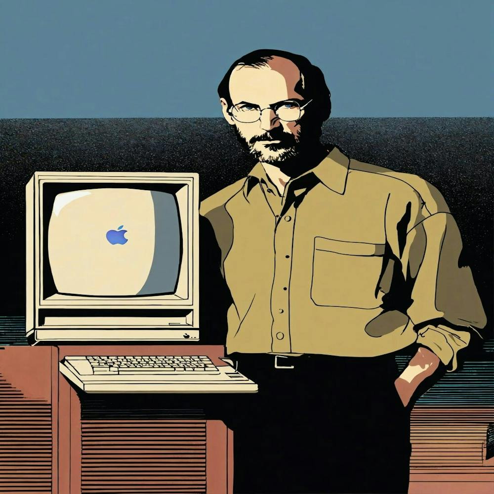 Apple Steve Jobs holding a macintosh computer