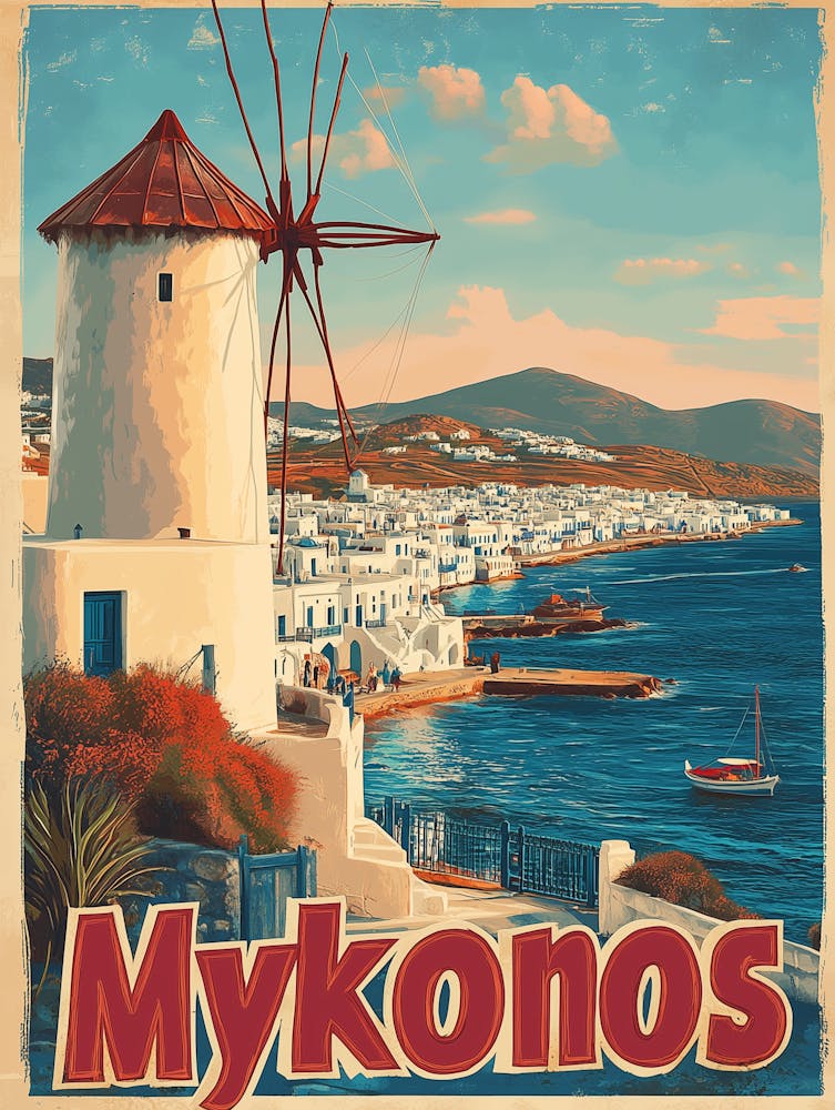 Mykonos Retro-style travel poster