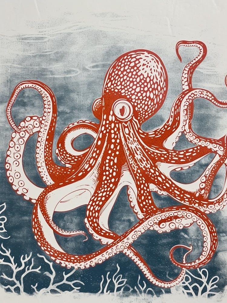 Linocut Inspired Octopus Deep In The Ocean 1