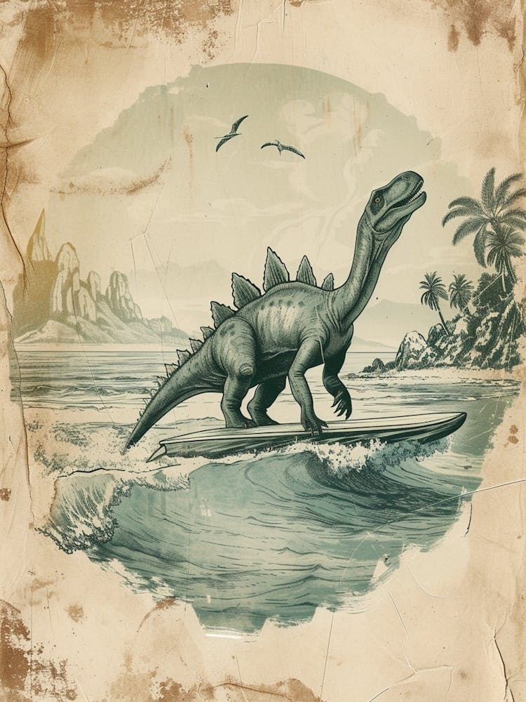 Vintage Stegosaurus Dinosaur On A Surf Board 2