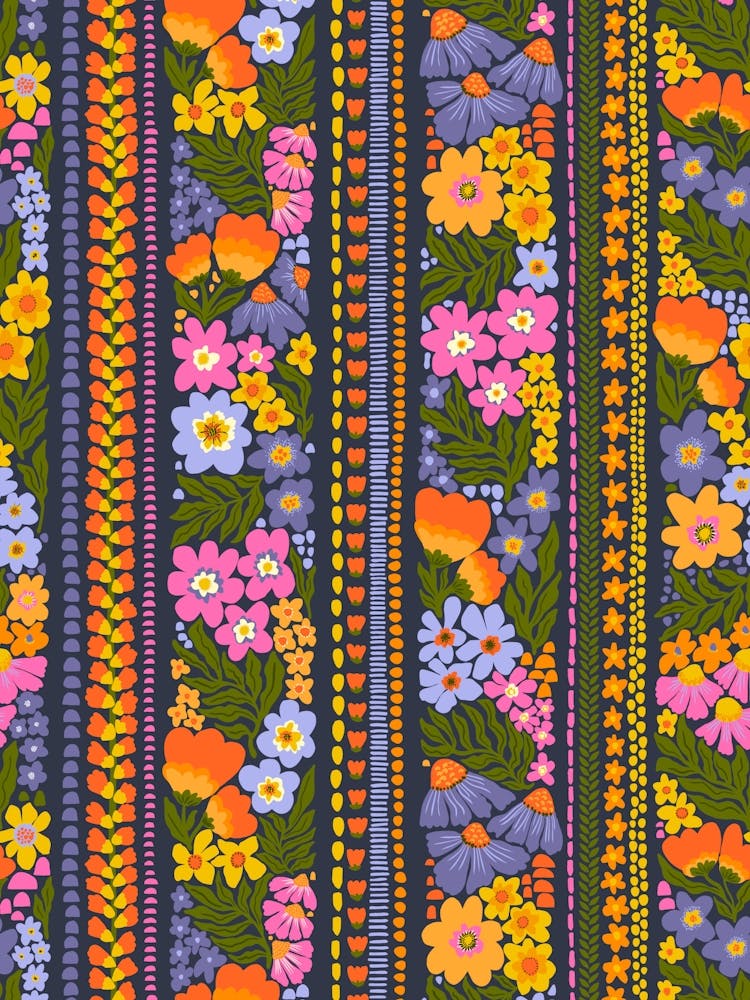 Folk Art Floral Stripes Vibrant Multicolor Flowers - Dark