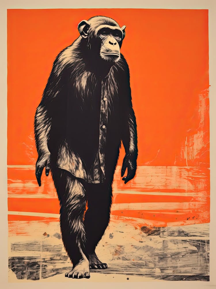 Chimpanzee, Woodblock Animal Drawing 4