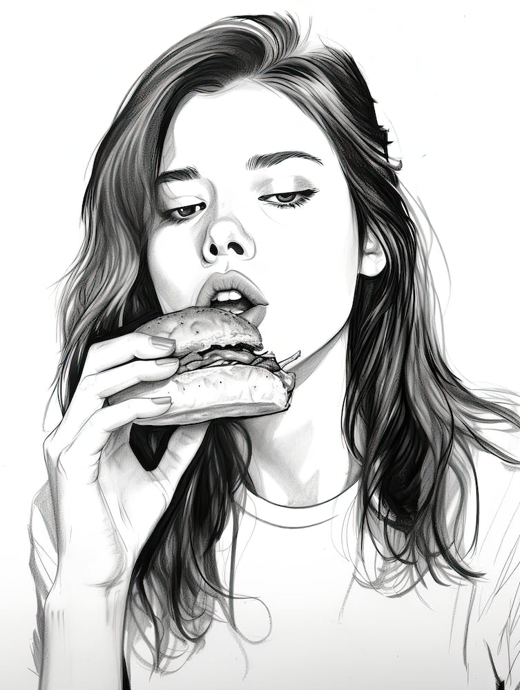 Woman Eating A Burger, lineart 1