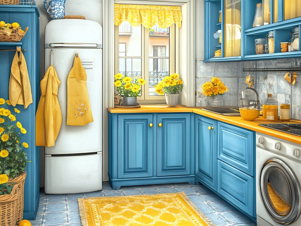 Blue Kitchen With Yellow Flowers