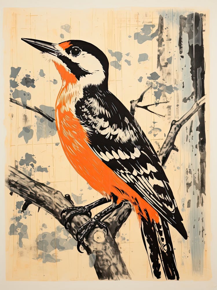 Woodpecker, Woodblock Animal Drawing 2