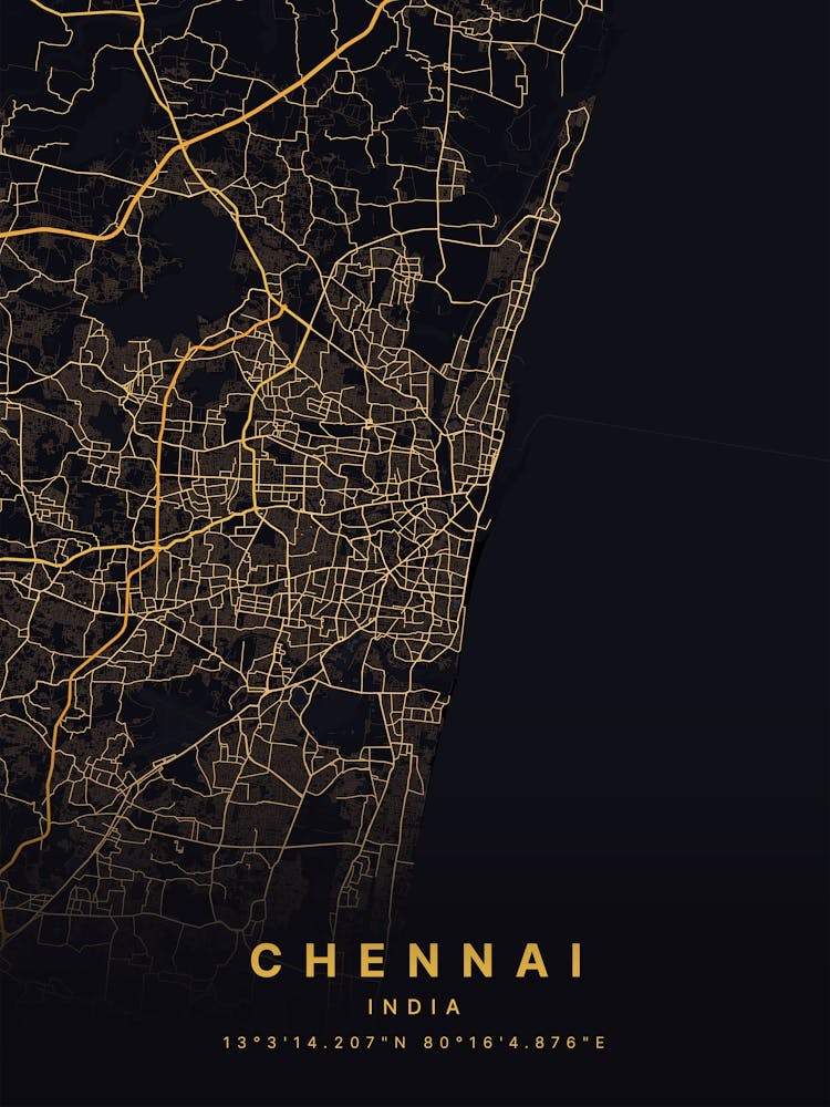 Chennai India Black And Gold Map