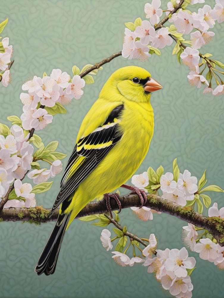 Ohara Koson Inspired Bird Painting American Goldfinch 4