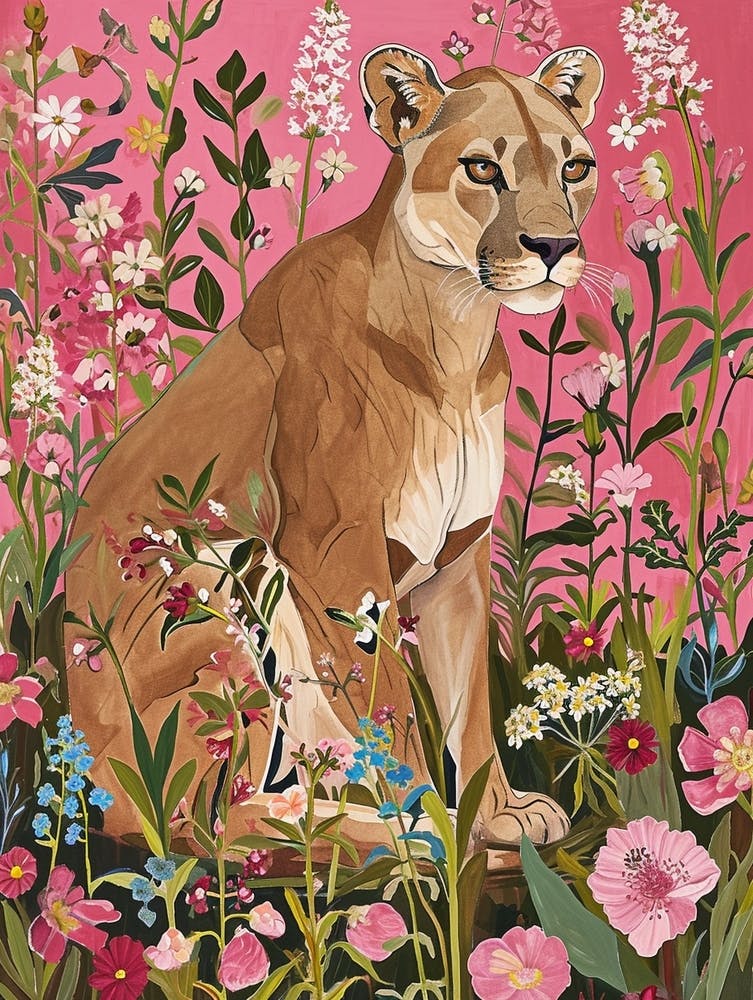 Floral Animal Painting Mountain Lion 1