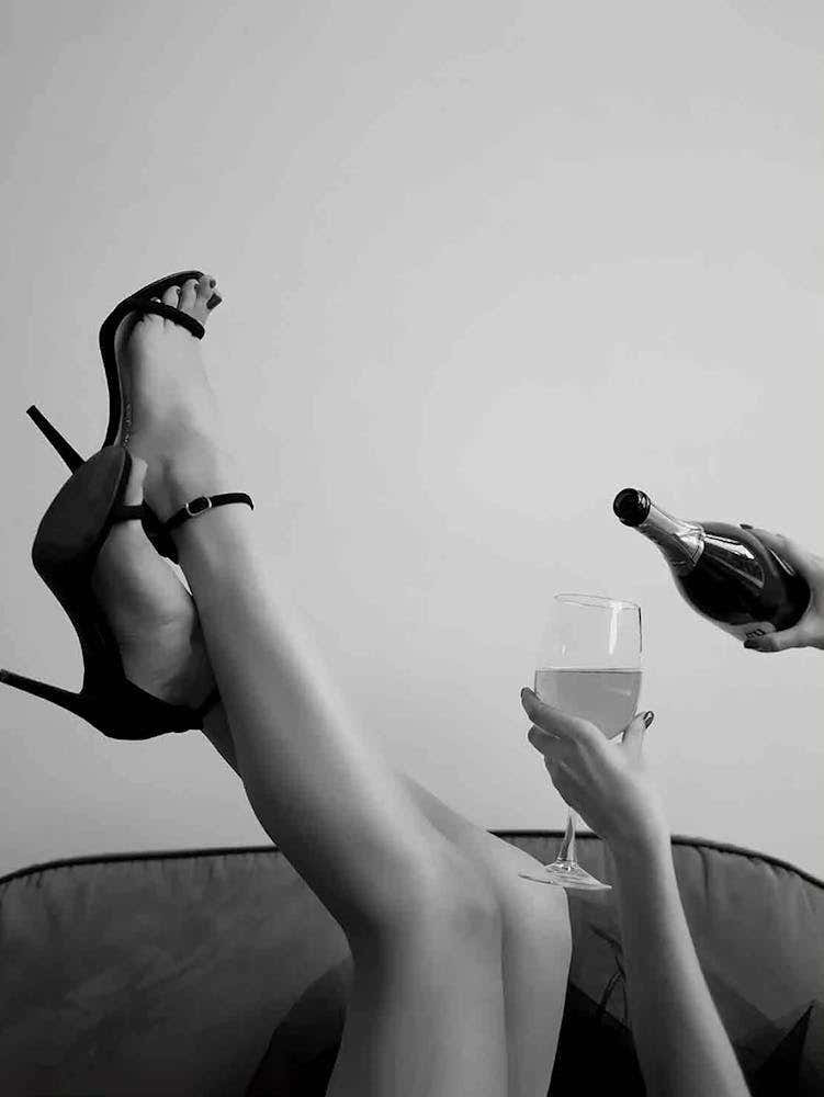 Bar Cart High Heel Woman Drinking Wine In Bed