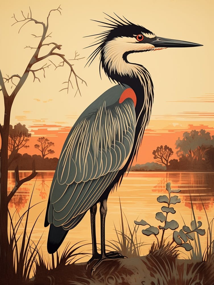 Vintage Bird Linocut Great Blue Heron 4