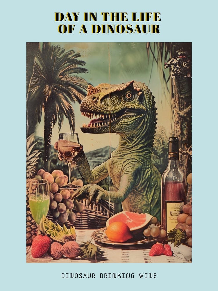 Dinosaurier trinkt Wein Retro-Collage 2 Poster