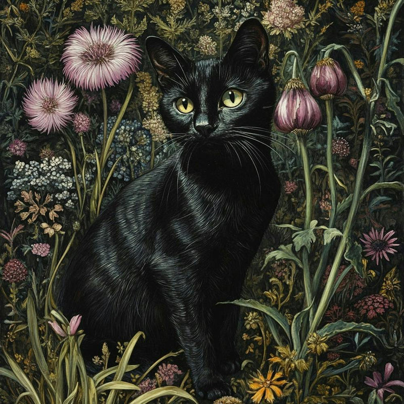 Schwarze Katze in einem Garten