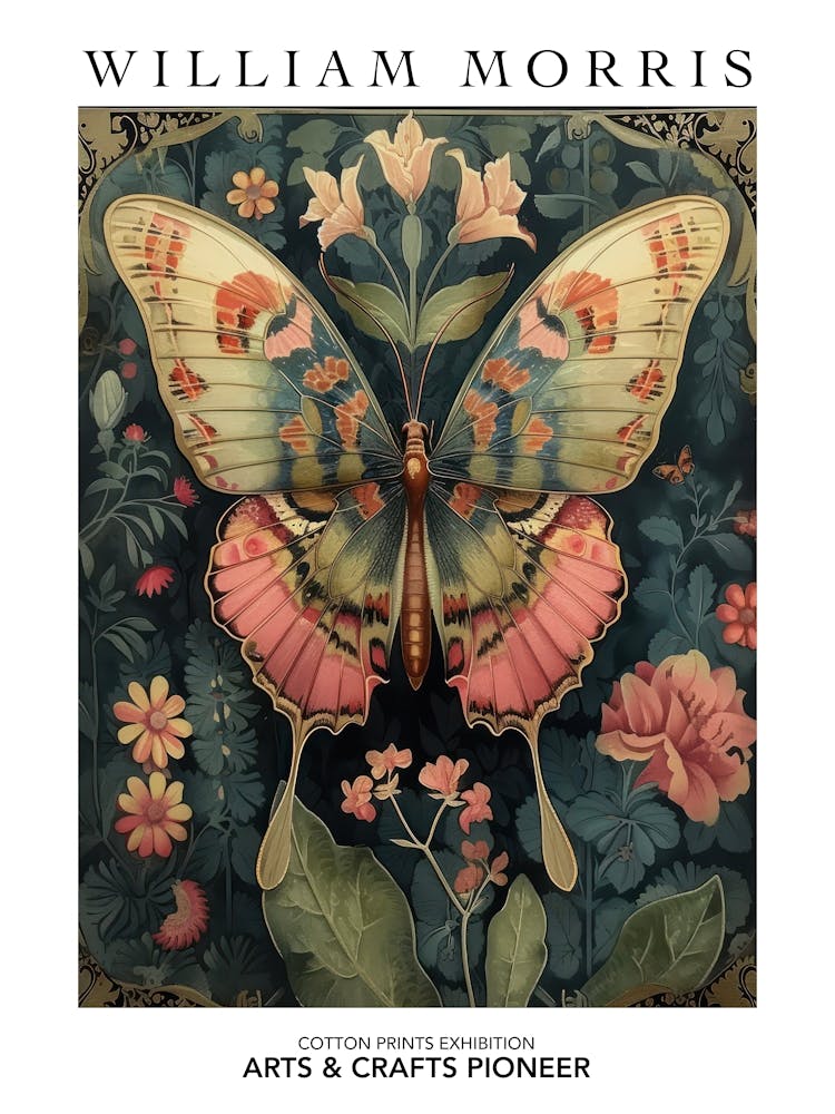 William Morris Print Pink Butterfly Botanical Poster Vintage Wall Art Textiles Art Vintage Poster