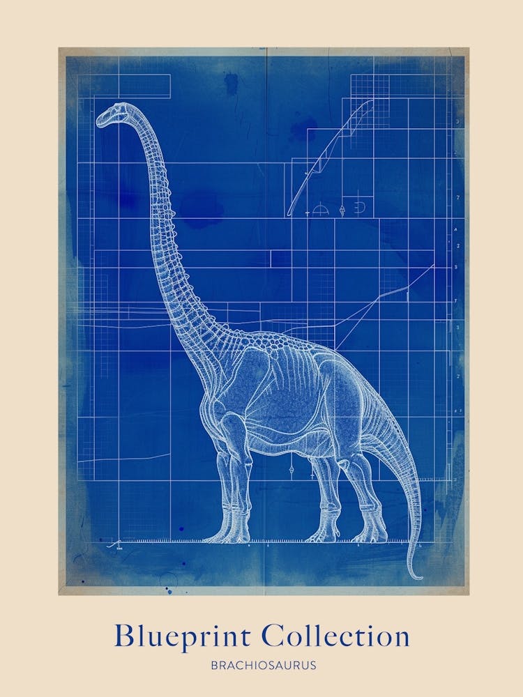 Brachiosaurus Dinosaur Blue Print Sketch 4 Poster